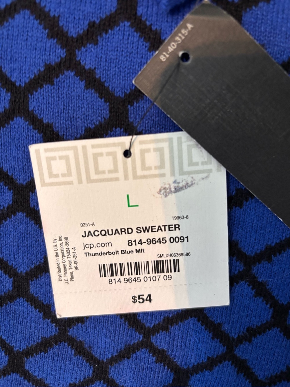 Liz Claiborne Blue and Black Jacquard Crewneck Sweater